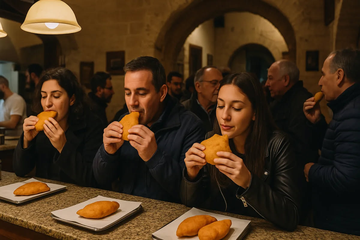 Incisione d'epoca che mostra una bottega di pizza a Napoli nell'Ottocento con clienti in abiti d'epoca e il pizzaiolo presso il forno