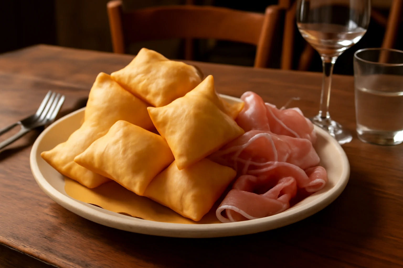 Pizza fritta dorata con ripieno di ricotta e ciccioli su piatto bianco, condita con basilico fresco in cucina elegante