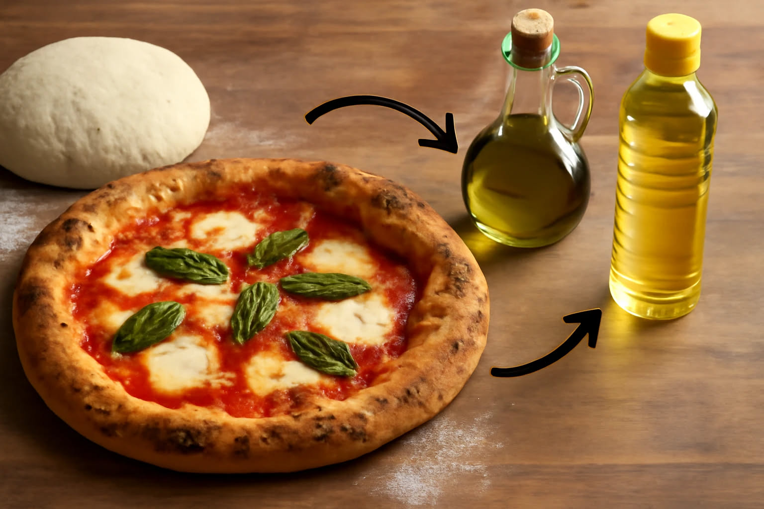Banco espositivo di pizzeria con pizza al taglio coperta da vetro trasparente, rettangoli di pizza rossa e bianca illuminati da luci calde