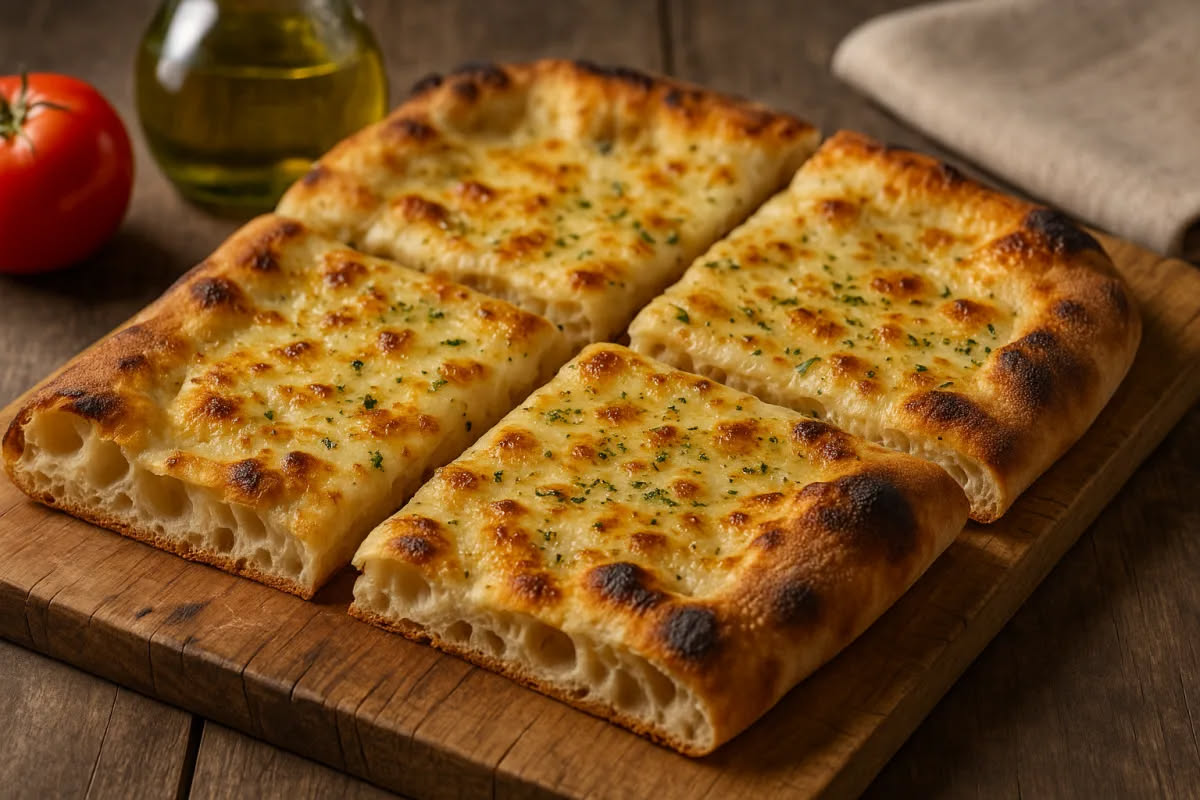 Pizza in teglia quadrata con cornicione gonfio e colorato, superficie con olio e farina, appena sfornata, con crosta dorata uniforme