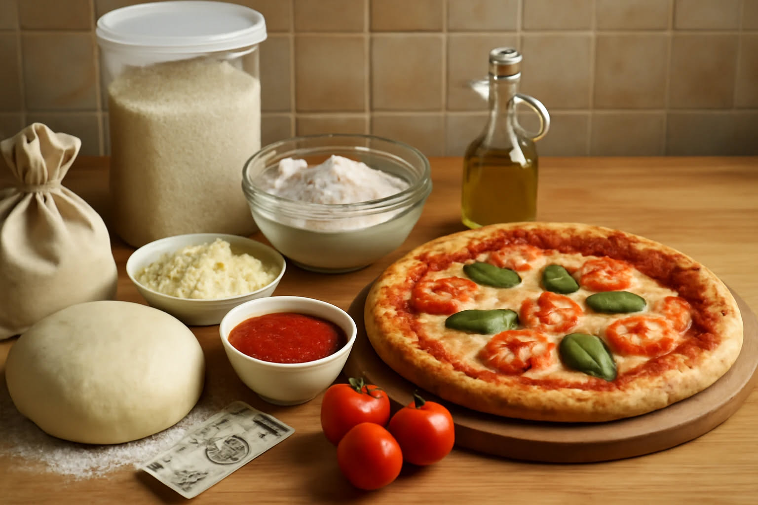 Impasto di pizza steso a mano su un piano di lavoro bianco, con il cornicione visibile e una leggera doratura sulla superficie, accanto una ciotola con olio di oliva