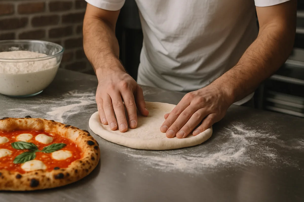 Mozzarella di bufala fresca bianca su un tagliere in legno, con una piccola porzione strappata che rivela la consistenza filante, accanto a un cucchiaio metallico