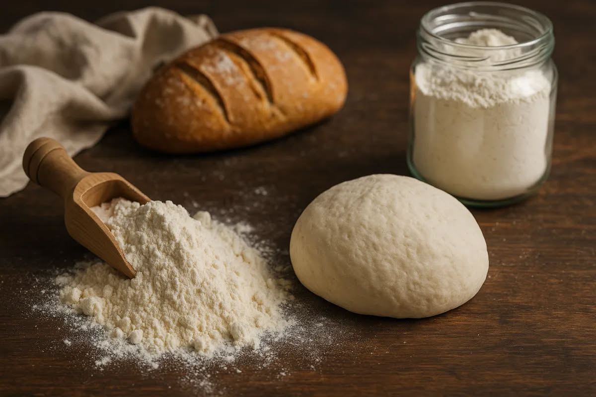 Pizzaiolo in bianco esamina campioni di farina bianca in una piccola ciotola di ceramica accanto a un sacchetto di carta kraft con etichetta in una molatura tradizionale