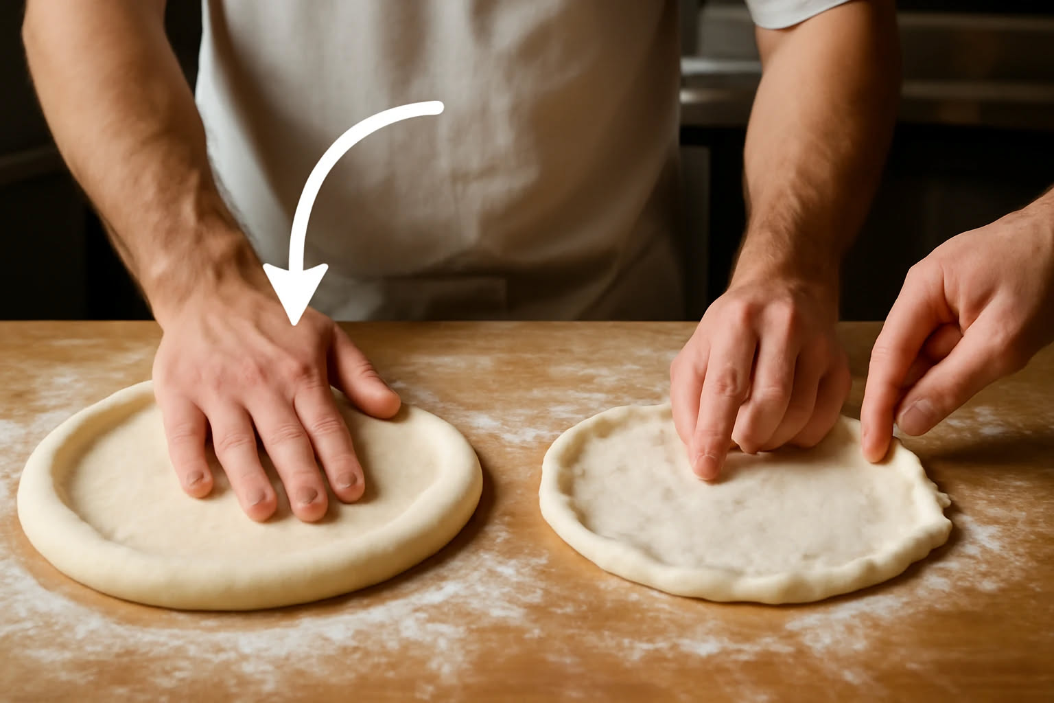 Impasto di pizza in teglia dopo lievitazione, color giallo oro, con bolle visibili in superficie e una friabilità evidente della maglia glutinica