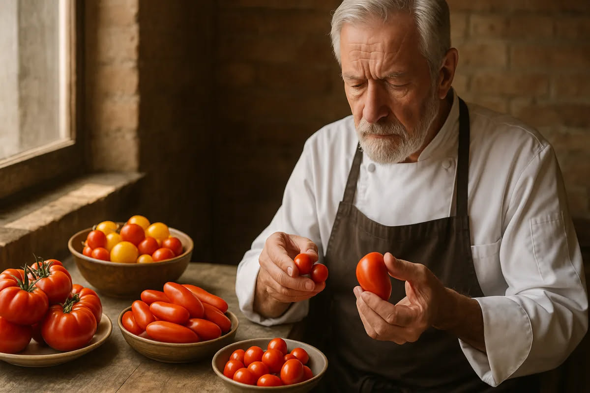 Barattolo di vetro trasparente con pomodori San Marzano rossi, etichetta gialla con scritta DOP, sfondo bianco neutro
