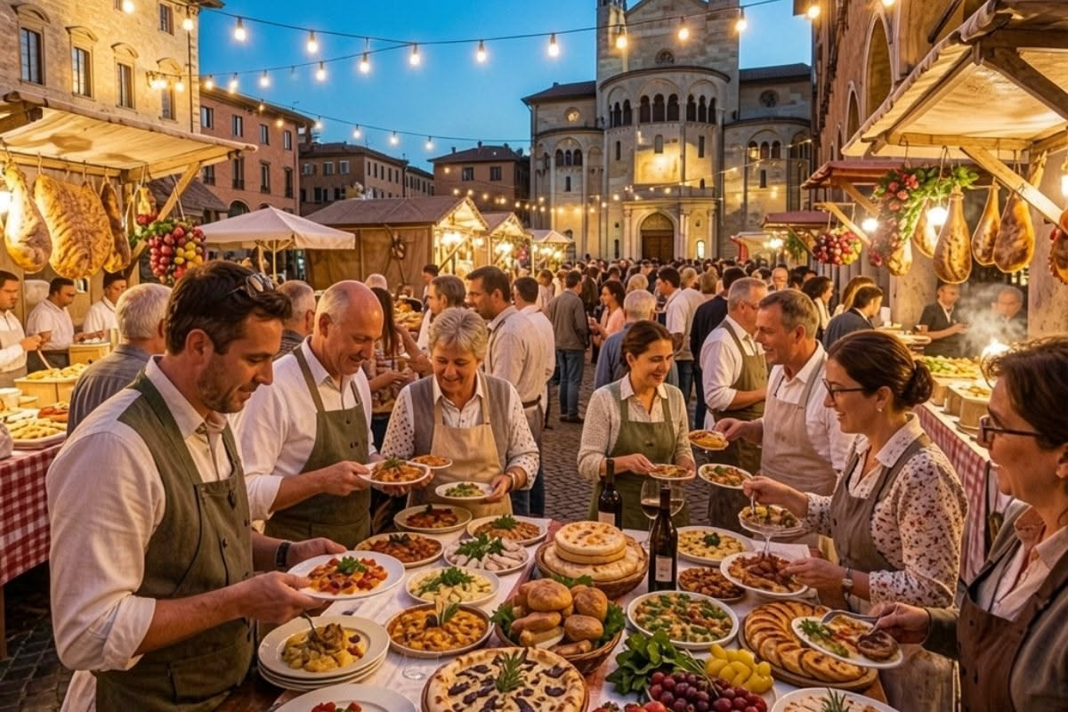 Un pizzaiolo napoletano lavora l'impasto davanti a un forno a legna, con le mani che staccano una palla di pasta dalla bancone, il viso illuminato dal calore, sullo sfondo il fuoco arancione