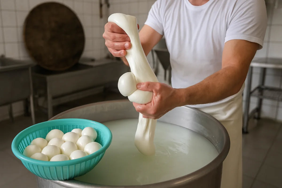 Antica madia in legno chiaro con ante a battenti, all'interno visibile la base ampia per contenere l'impasto, in una cucina tradizionale napoletana