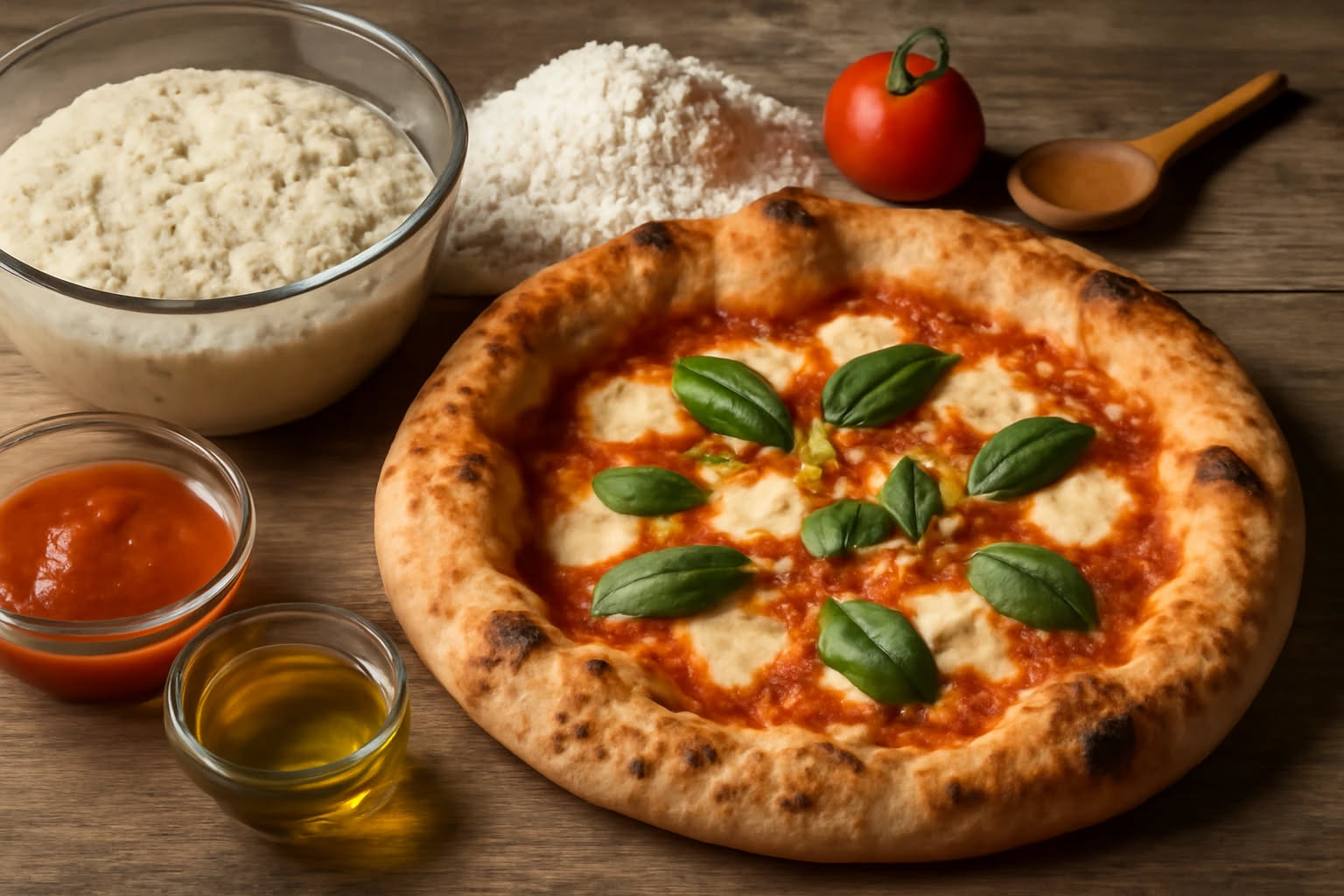 Quattro stili di pizza su superfici diverse: pizza Detroit rettangolare con bordi croccanti dati su teglia, pizza New Haven a trancio triangolare, pizza St. Louis sottile senza cornicione, pizza Sicil