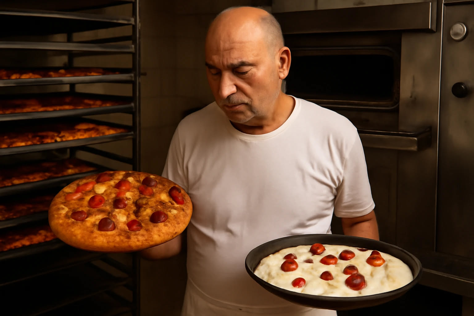 Mozzarella industriale affettata su una teglia da pizza rossa, con sfondo di una linea di produzione di una fabbrica moderna con macchinari in acciaio inossidabile