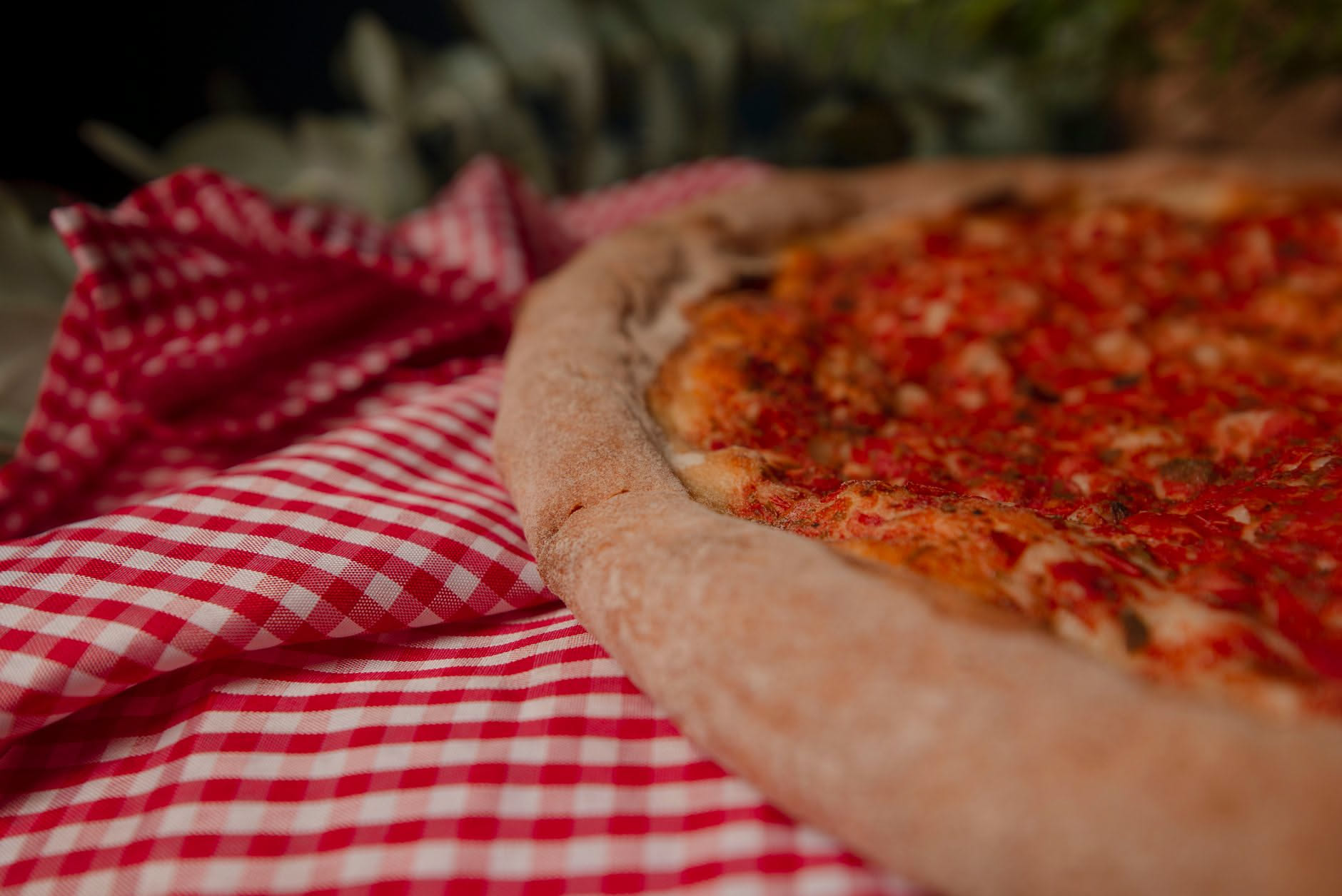 Pizza al taglio in teglia con superficie bruciata scura mentre la base risulta pallida e poco cotta, vista dall alto