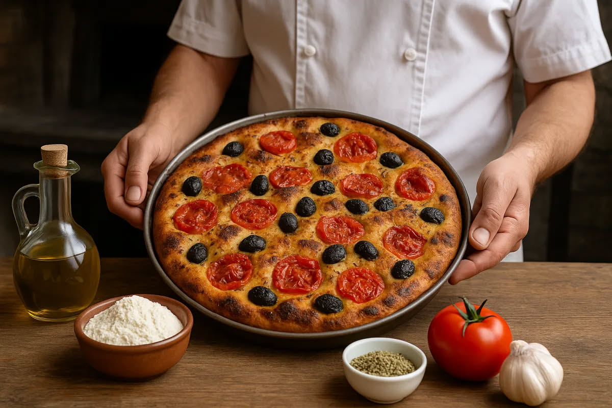 Pizza di Detroit in teglia rettangolare con formaggio dorato e caramellato sui bordi, impasto alto e soffice, condimenti distribuiti uniformemente