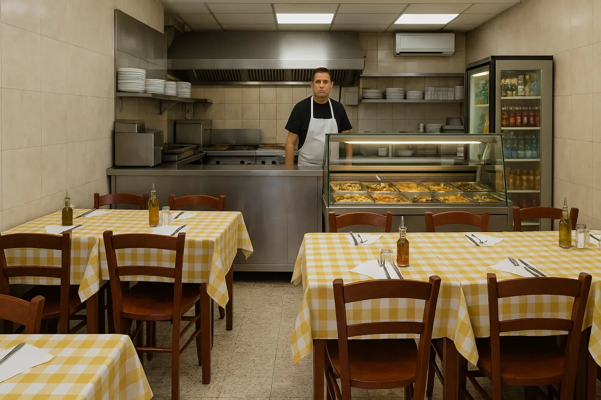 Anziano pizzaiolo in grembiule bianco e toque mostra a un giovane apprendista come stendere l'impasto davanti a un forno a legna con mattonelle rosse, in una cucina tradizionale napoletana