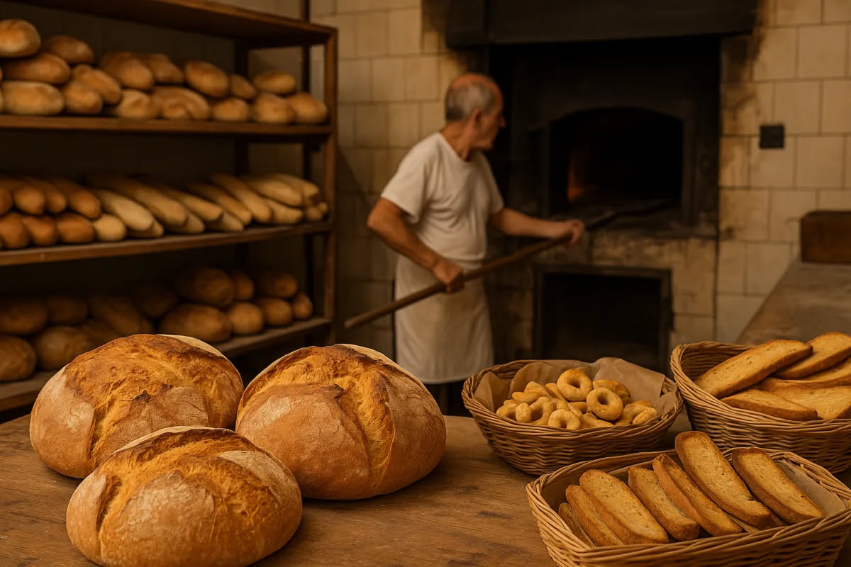 Forno per pizza in mattoni rossi con bocca aperta, fiamme arancioni all'interno, sfondo di legna accatastata e cielo sereno
